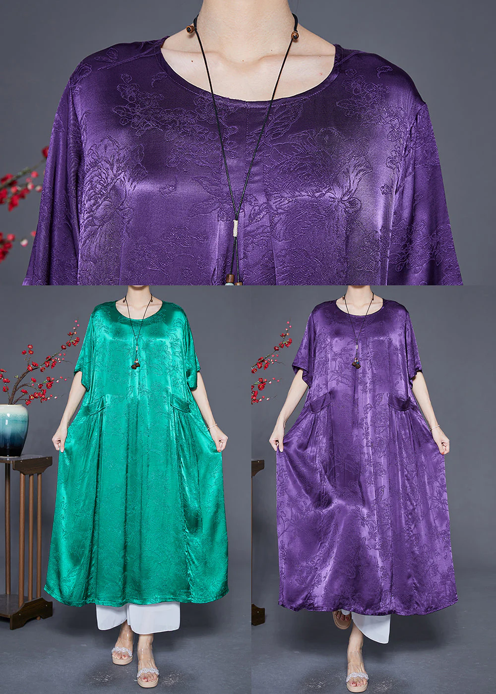 Fluorescent Green Silk Maxi Dresses O-Neck Pockets Summer - Image 5