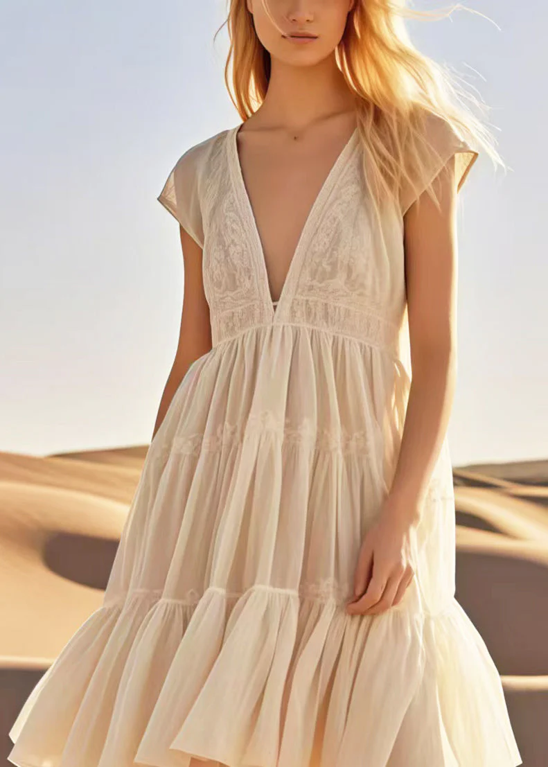 French Apricot Asymmetrical Design Cotton Long Dresses Summer - Image 2