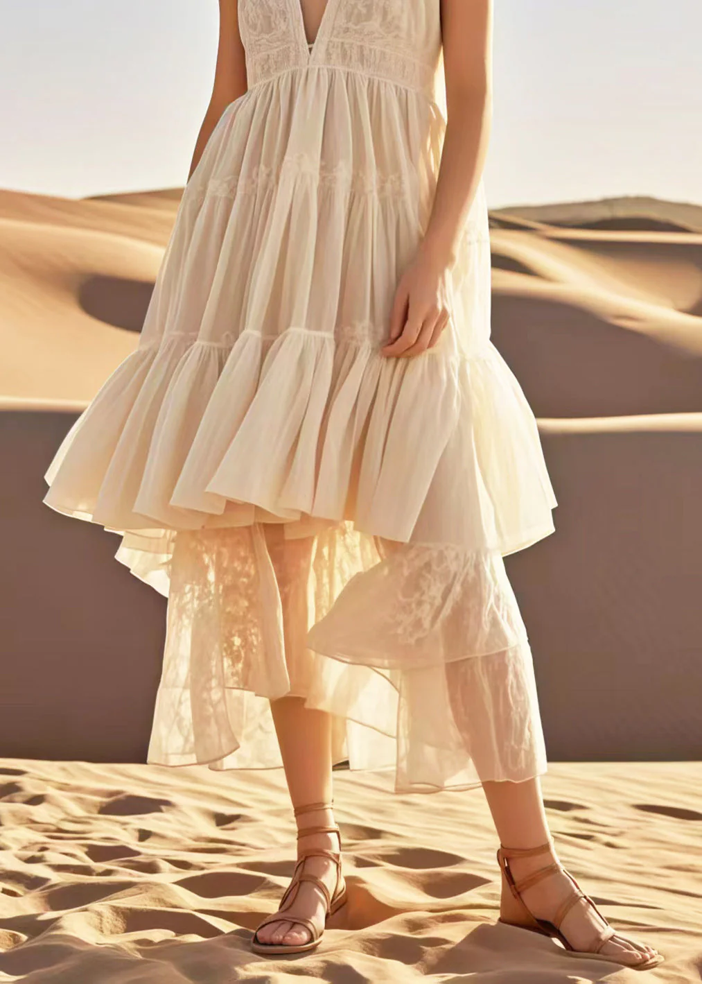 French Apricot Asymmetrical Design Cotton Long Dresses Summer - Image 4