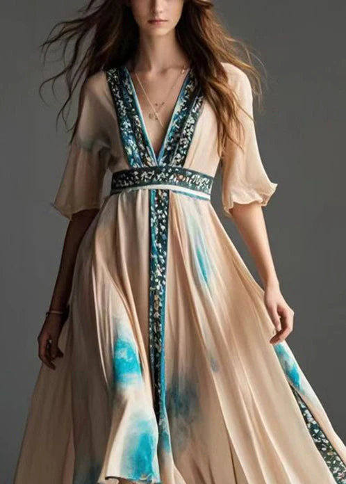 French Apricot Asymmetrical Print Chiffon Tea Dress Summer - Image 2