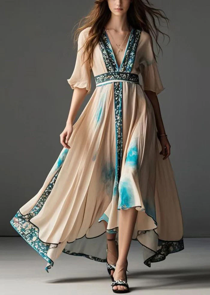 French Apricot Asymmetrical Print Chiffon Tea Dress Summer - Image 3