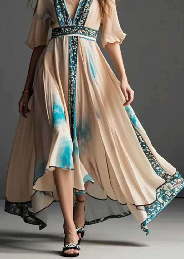French Apricot Asymmetrical Print Chiffon Tea Dress Summer - Image 4