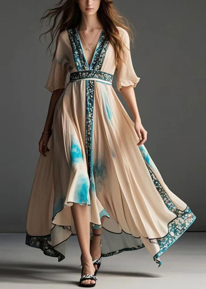 French Apricot Asymmetrical Print Chiffon Tea Dress Summer - Image 5