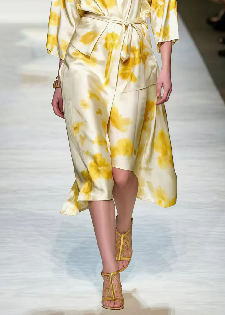 French Apricot Asymmetrical Print Silk Work Dresses Spring - Image 4