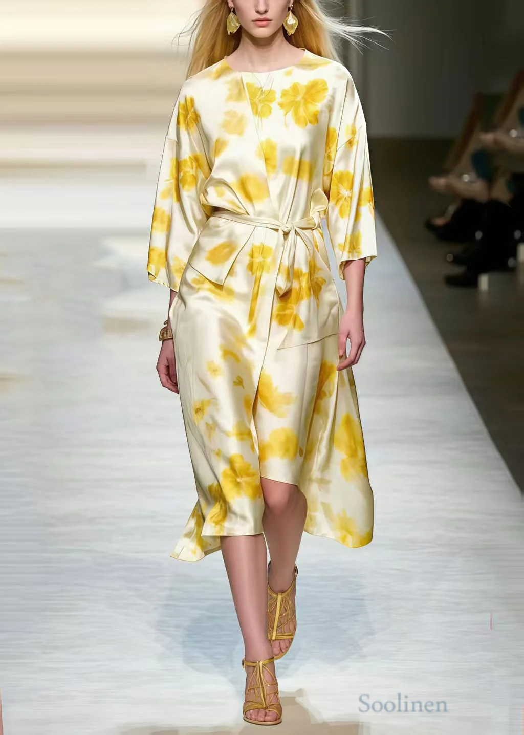 French Apricot Asymmetrical Print Silk Work Dresses Spring - Image 5
