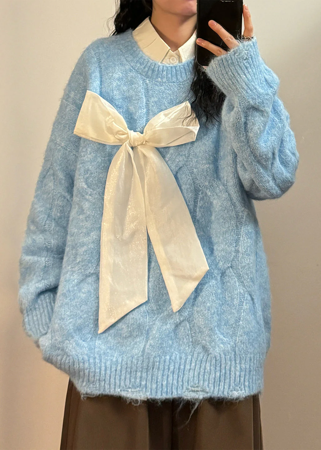 French Apricot Bow Hole Cozy Knit Sweaters Spring - Image 2