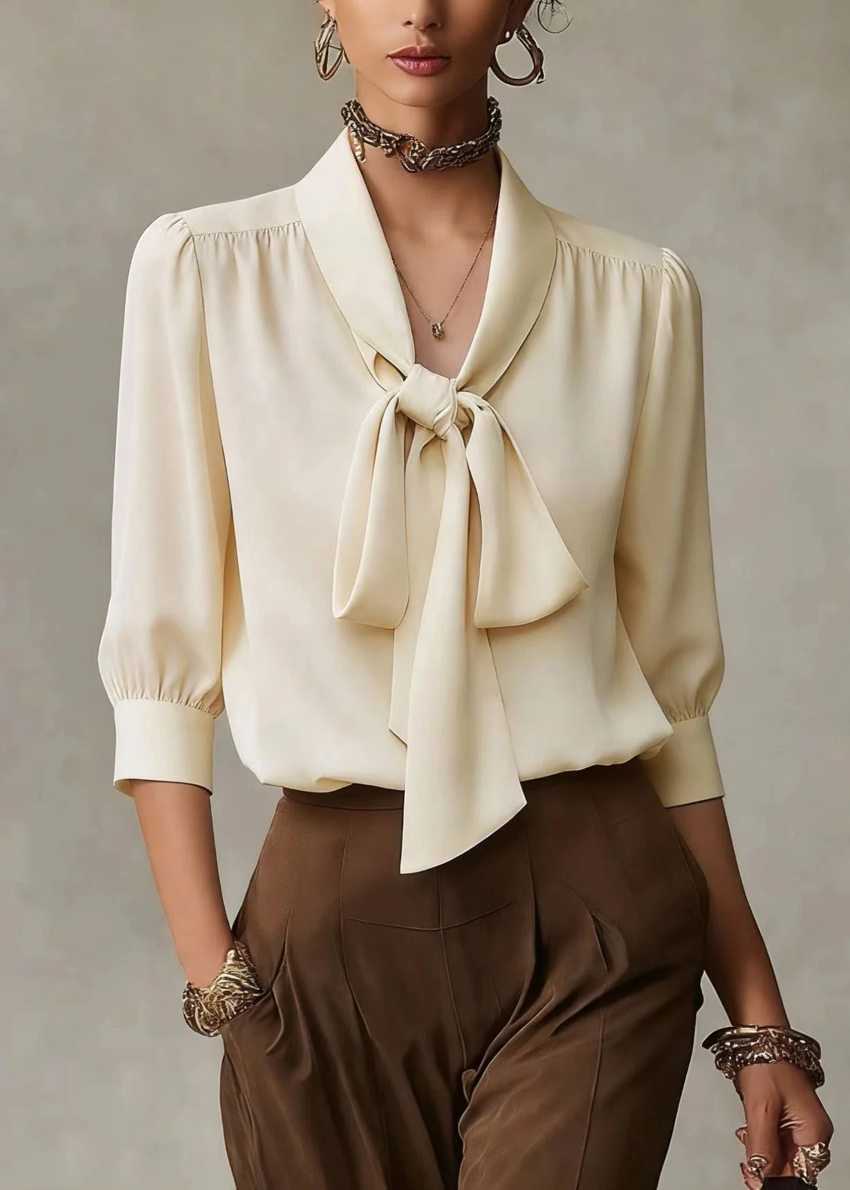 French Apricot Bow Silk Shirts Top Spring - Image 3