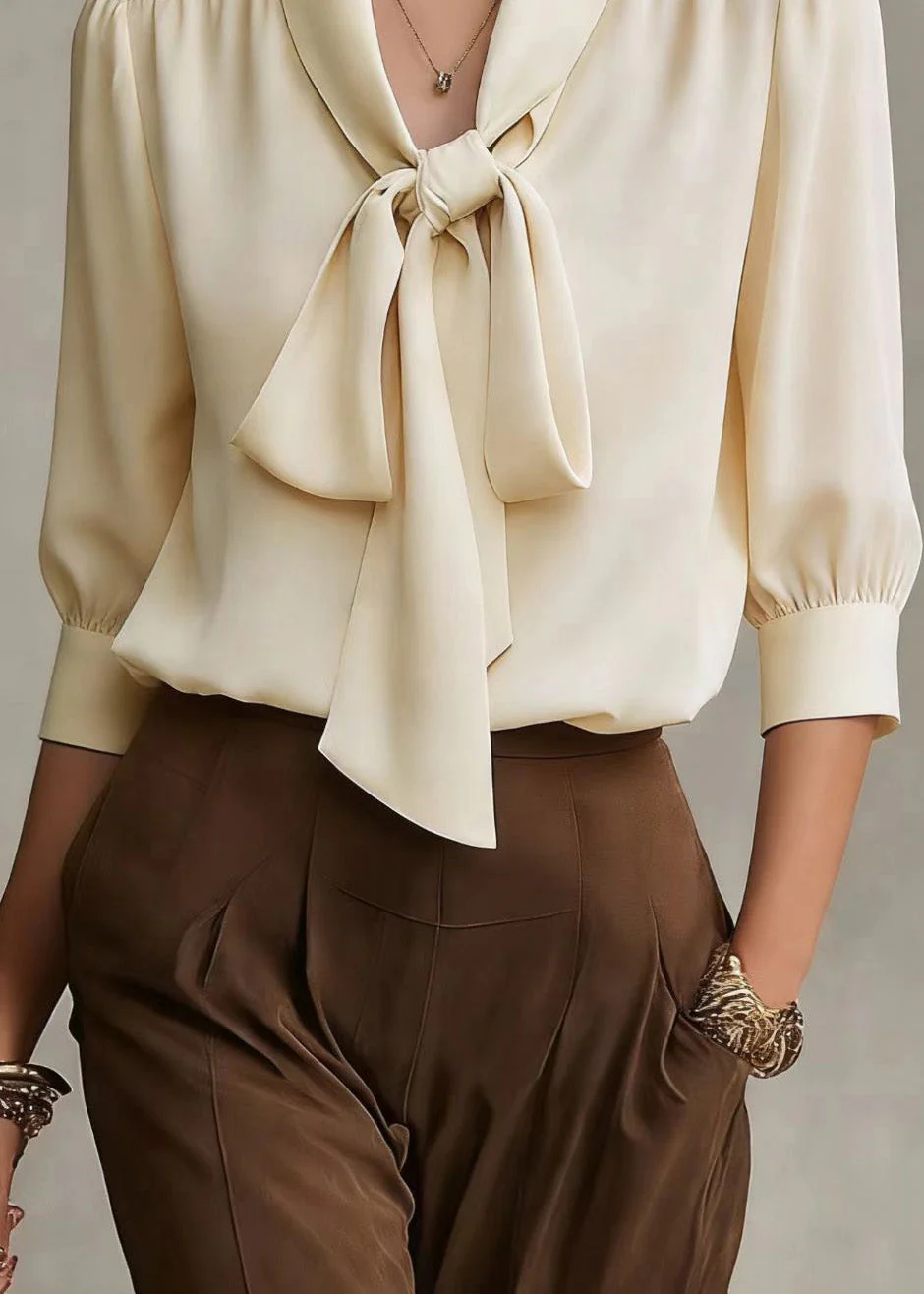 French Apricot Bow Silk Shirts Top Spring - Image 4