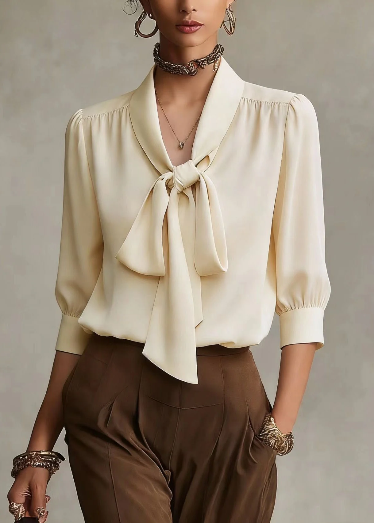 French Apricot Bow Silk Shirts Top Spring - Image 5
