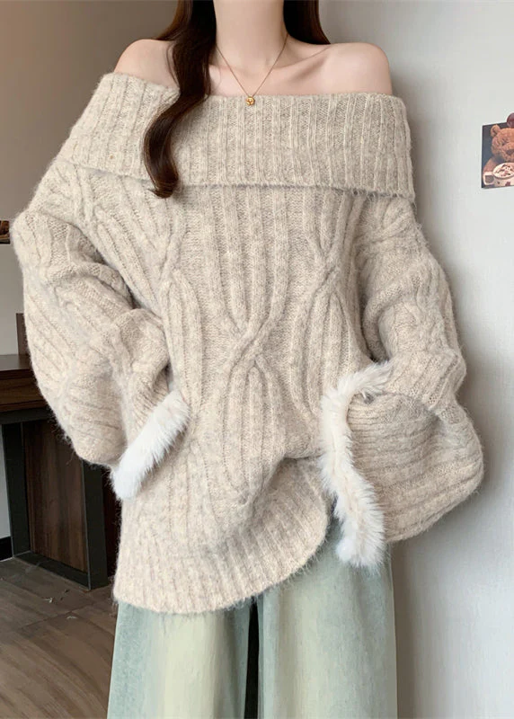 French Apricot Cold Shoulder Patchwork Faux Fur Knit Shirts Winter - Image 2