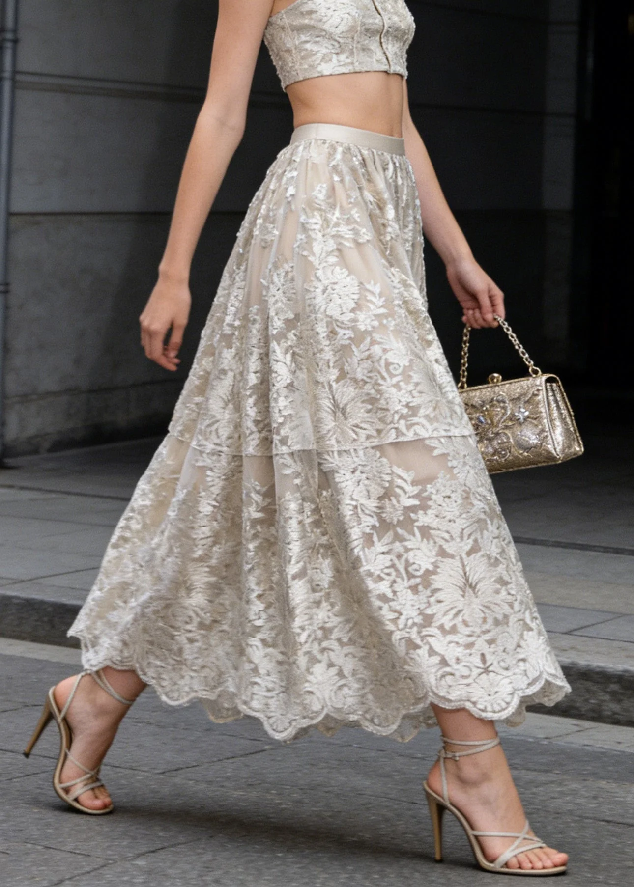 French Apricot Embroidered High Waist Tulle Skirts Spring - Image 3
