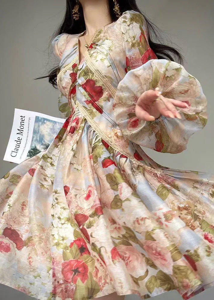 French Apricot Flower Print Silk Evening Dresses Lantern Sleeve - Image 2