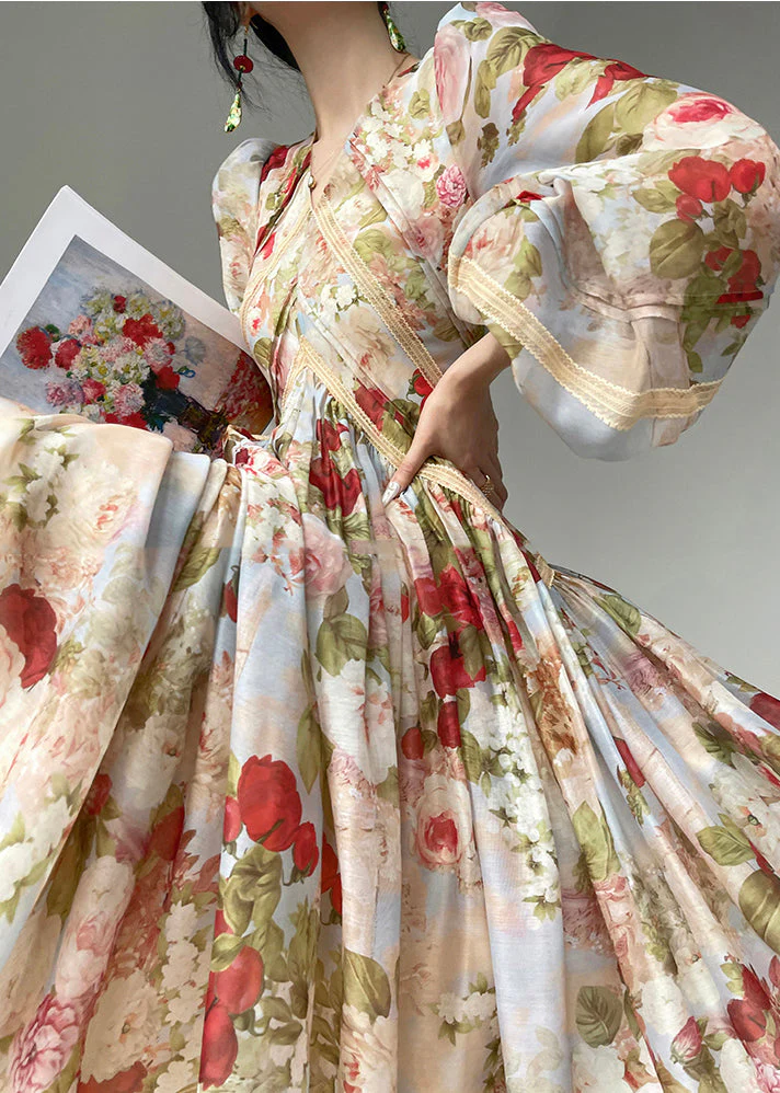 French Apricot Flower Print Silk Evening Dresses Lantern Sleeve - Image 3