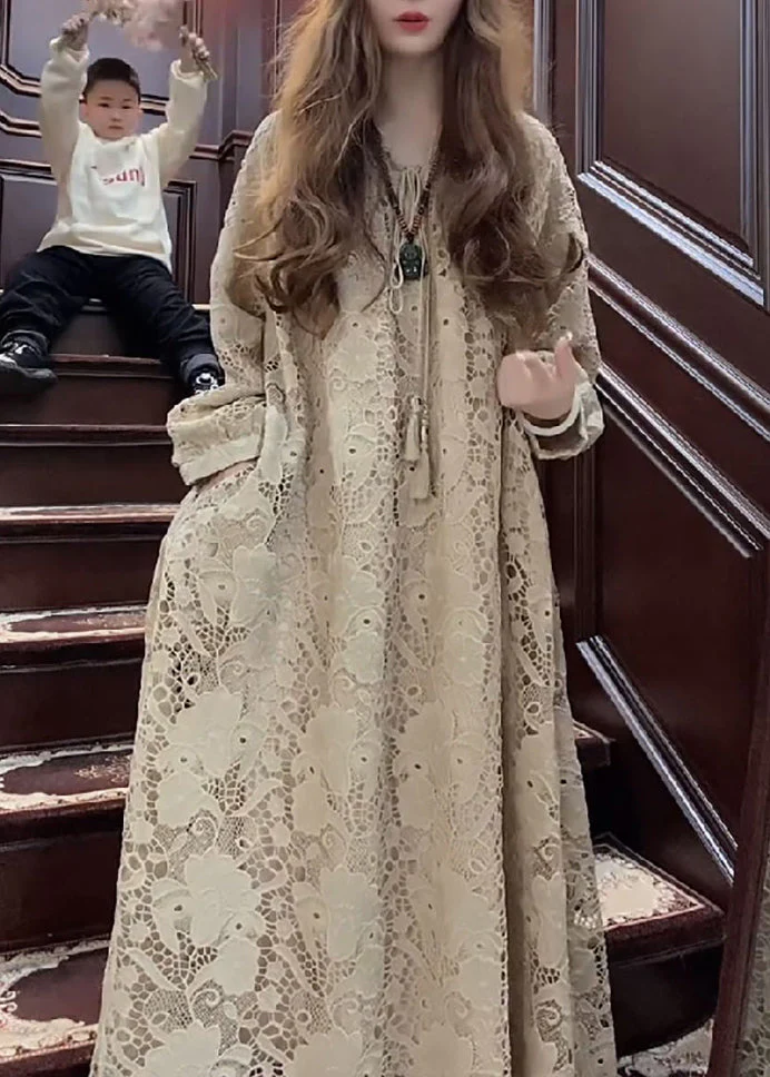 French Apricot O Neck Hollow Out Lace Long Dresses Spring - Image 2