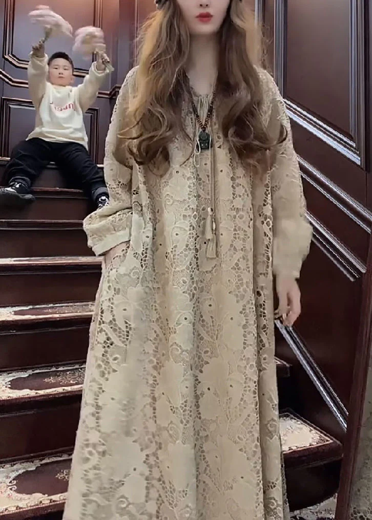 French Apricot O Neck Hollow Out Lace Long Dresses Spring - Image 3