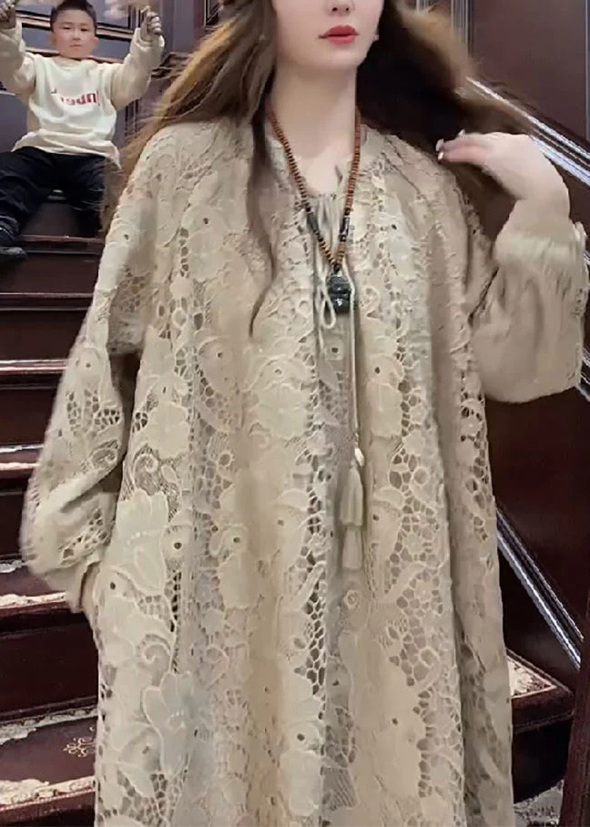 French Apricot O Neck Hollow Out Lace Long Dresses Spring - Image 4
