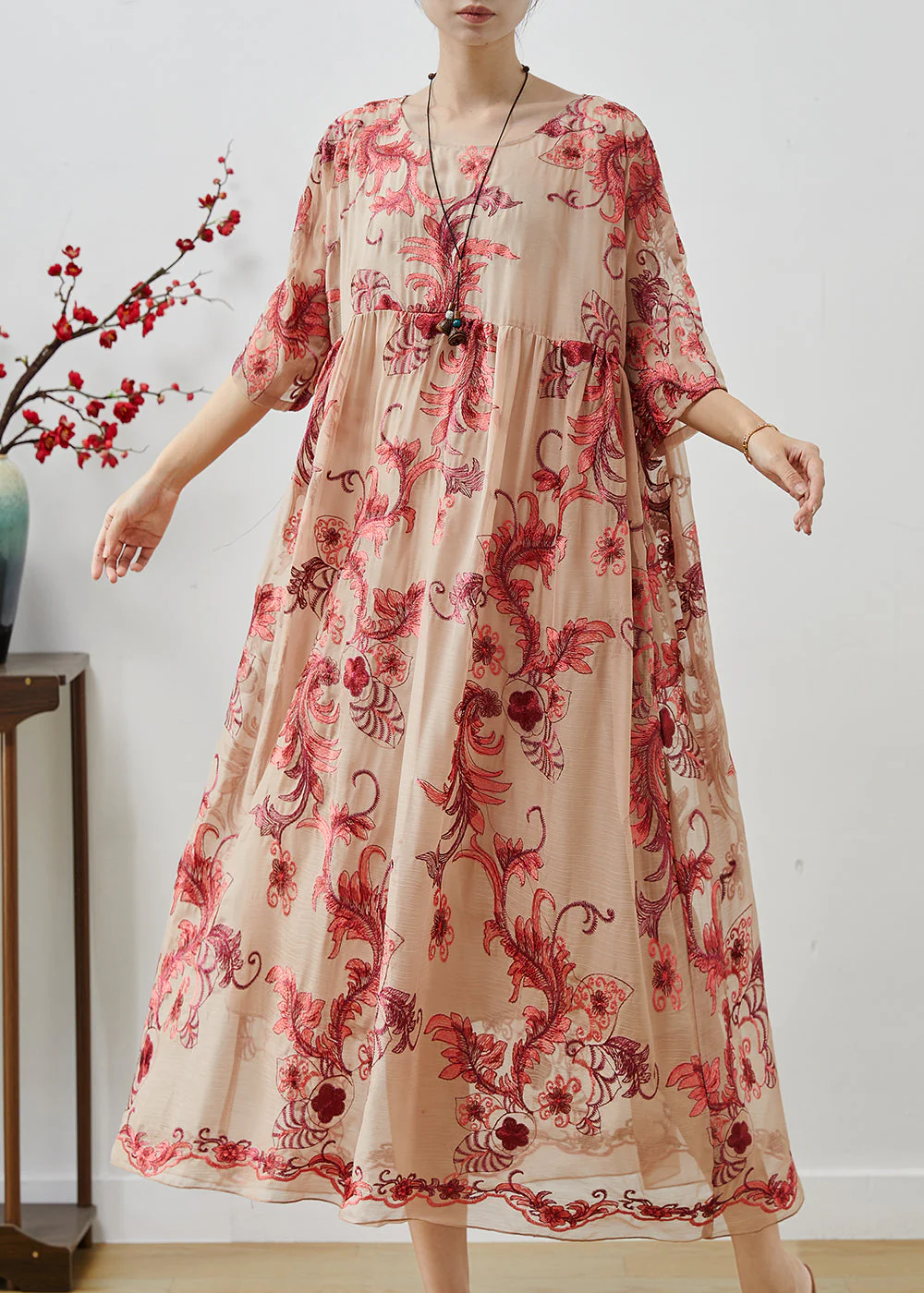 French Apricot Oversized Embroidered Chiffon Long Dresses Summer - Image 3