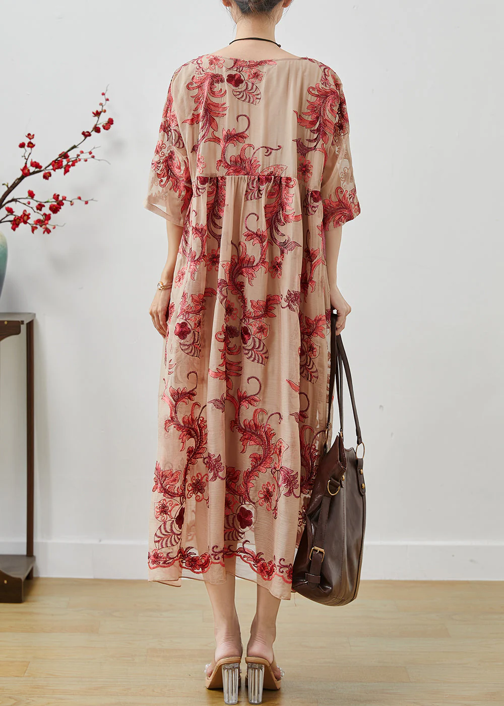 French Apricot Oversized Embroidered Chiffon Long Dresses Summer - Image 4