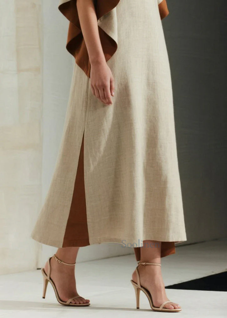 French Apricot Oversized Patchwork Cotton Long Dress Butterfly Sleeve - Image 3