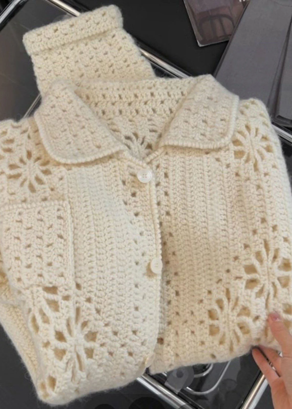 French Apricot Peter Pan Collar Hollow Out Knit Coats Spring - Image 2
