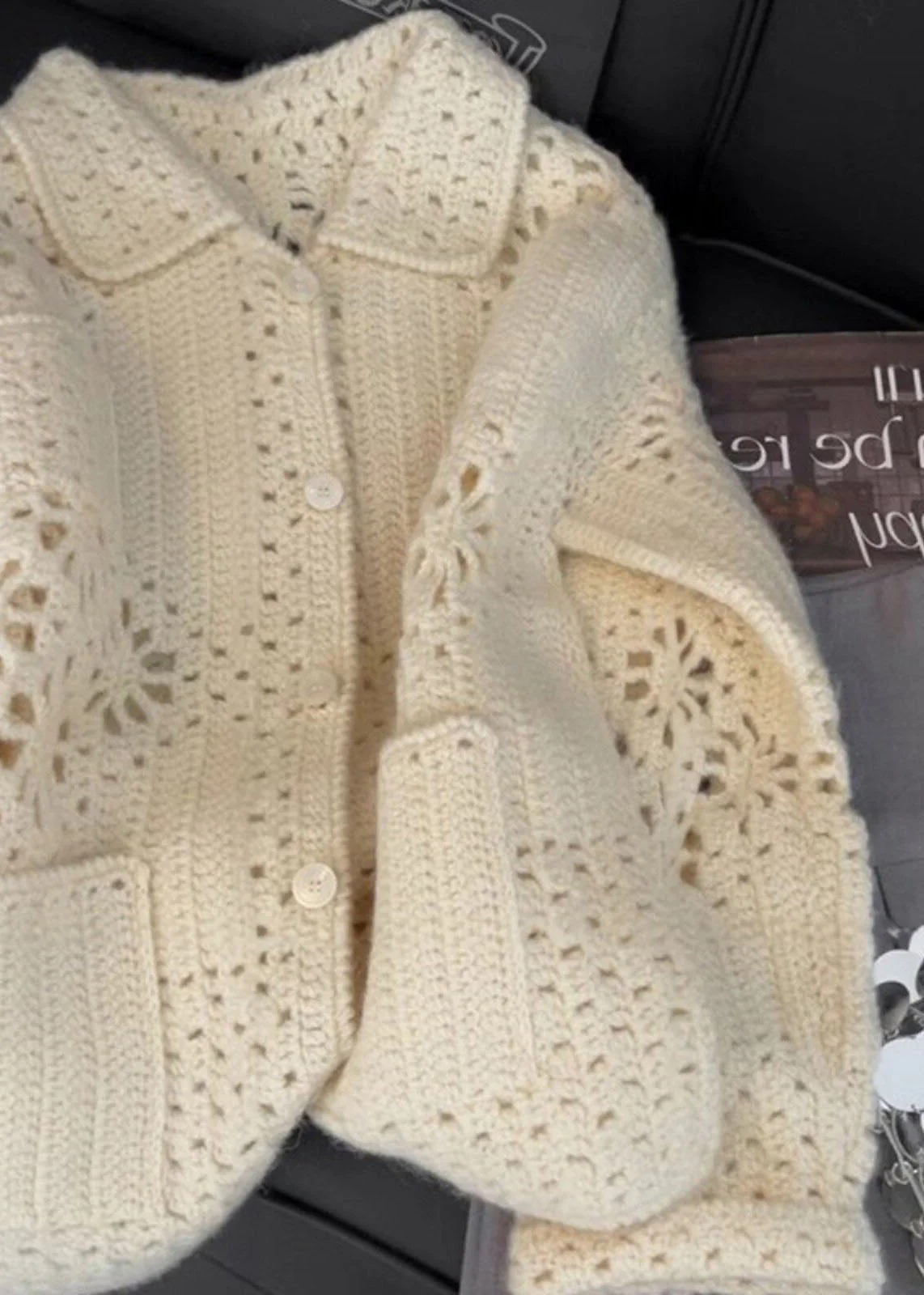 French Apricot Peter Pan Collar Hollow Out Knit Coats Spring - Image 3