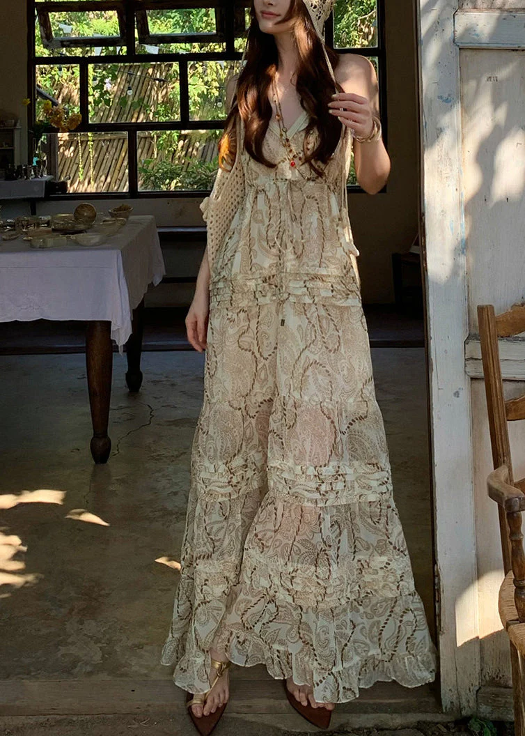 French Apricot Print Exra Large Hem Cotton Vacation Dress Summer - Image 3