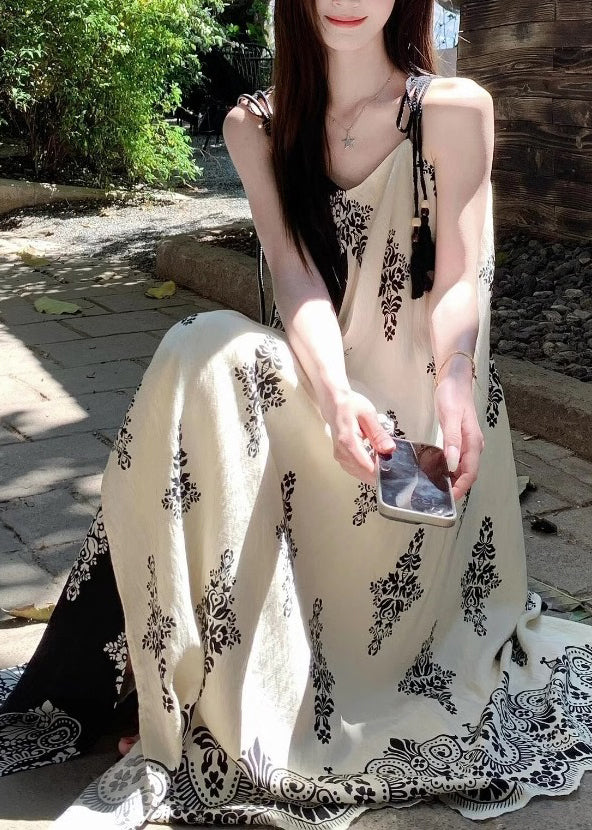 French Apricot Print Holiday Long Spaghetti Strap Dress Summer - Image 2