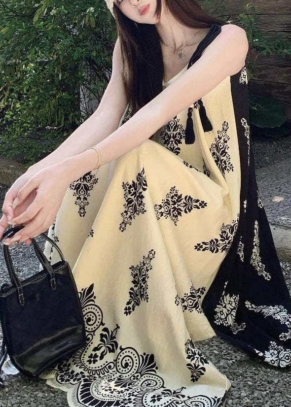 French Apricot Print Holiday Long Spaghetti Strap Dress Summer - Image 3