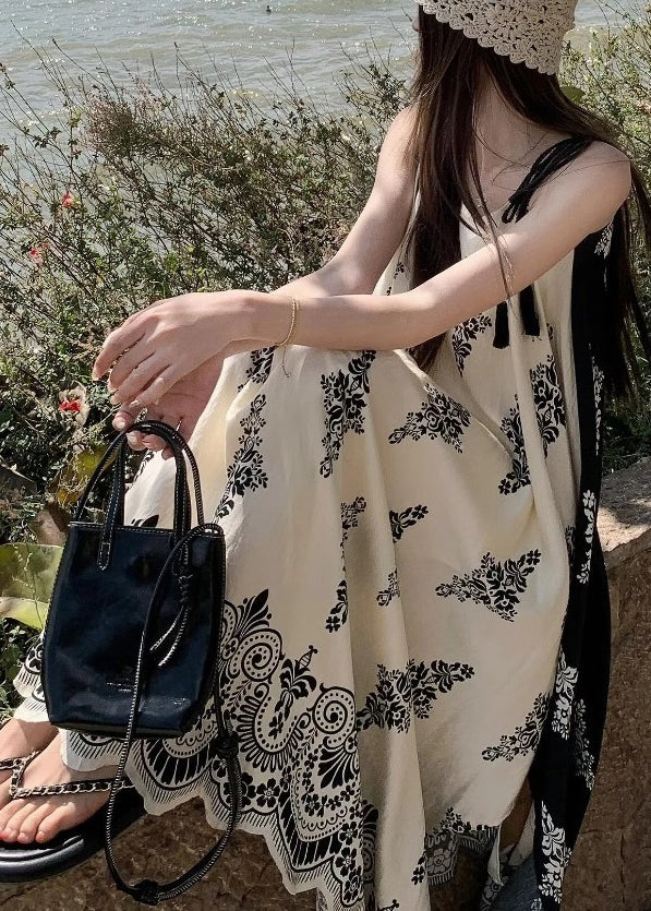French Apricot Print Holiday Long Spaghetti Strap Dress Summer - Image 4