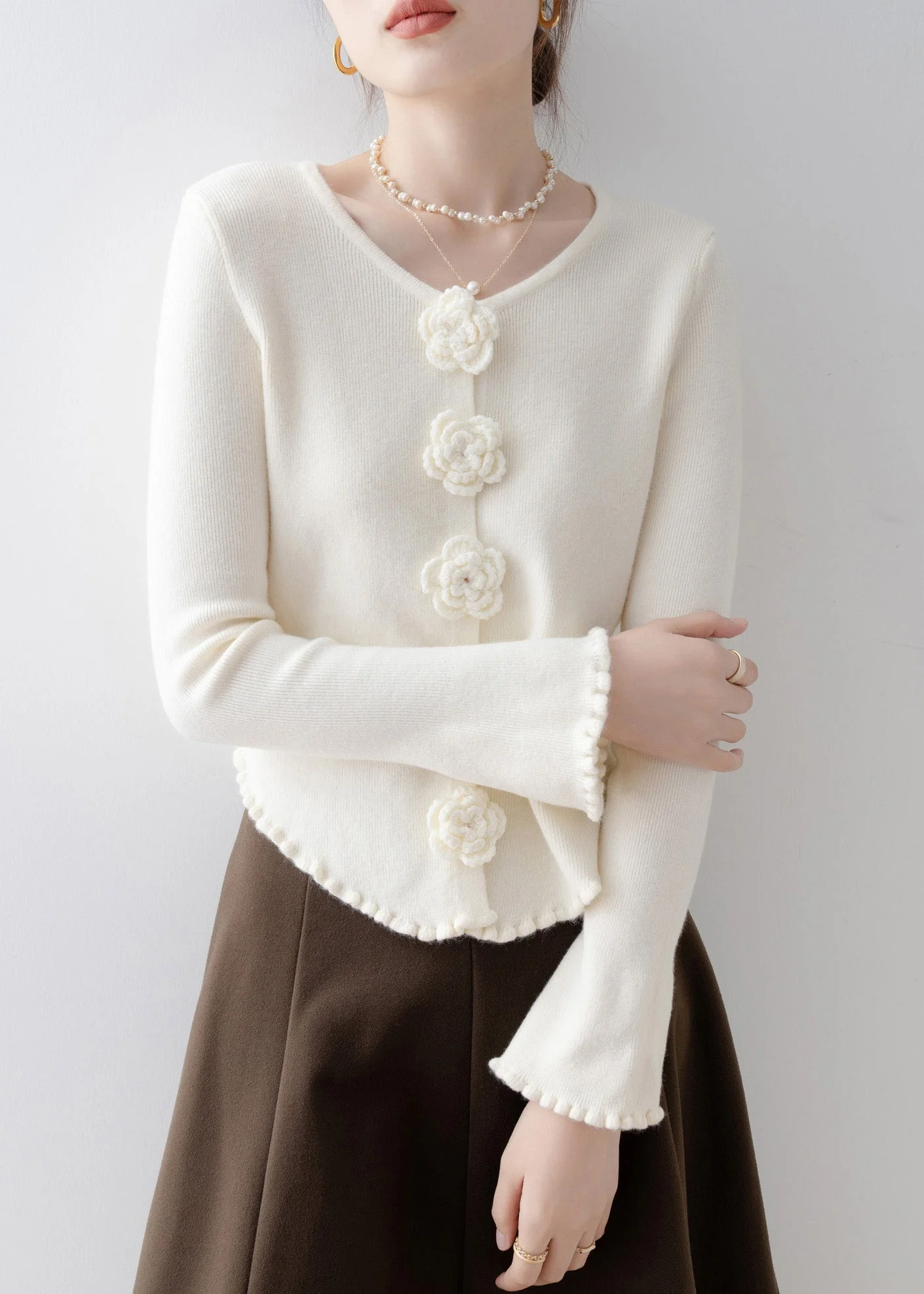 French Apricot Ruffled Floral Knit Sweaters Flare Sleeve - Image 4