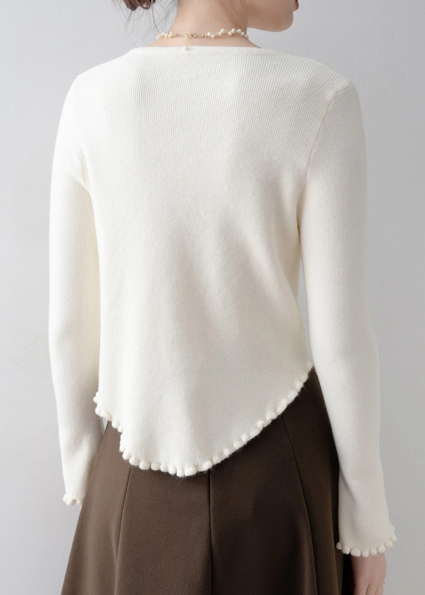 French Apricot Ruffled Floral Knit Sweaters Flare Sleeve - Image 5