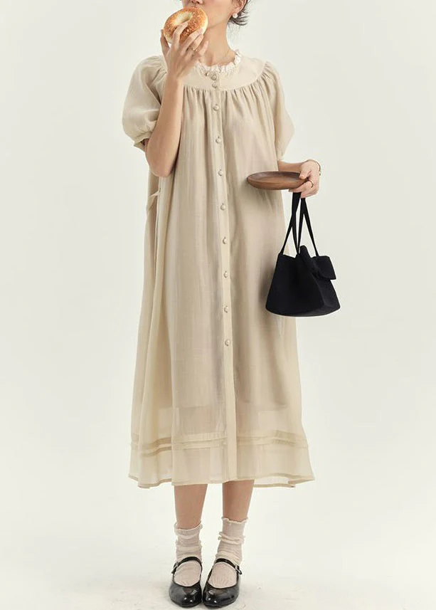 French Apricot Ruffled Lace Up Silk Cotton Shirts Dresses Summer - Image 2