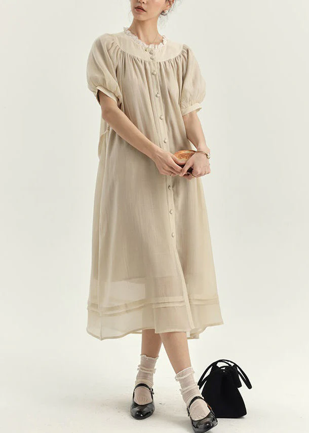 French Apricot Ruffled Lace Up Silk Cotton Shirts Dresses Summer - Image 3