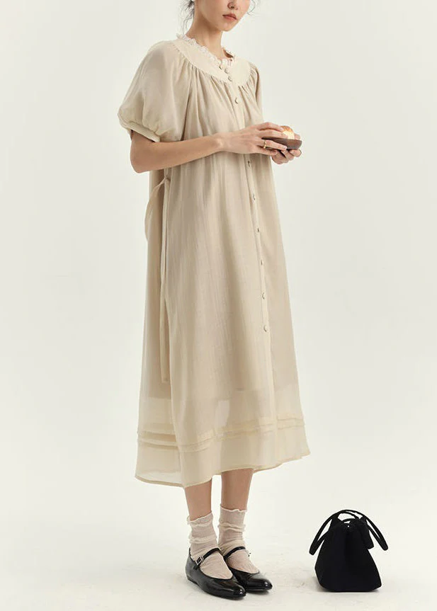 French Apricot Ruffled Lace Up Silk Cotton Shirts Dresses Summer - Image 4