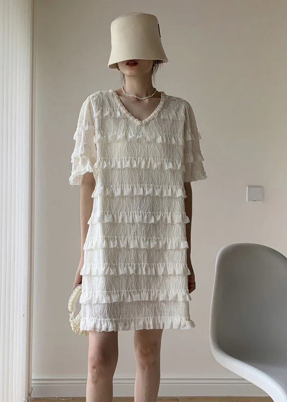 French Apricot Ruffled Nail Bead Patchwork Tulle Dresses Summer - Image 2