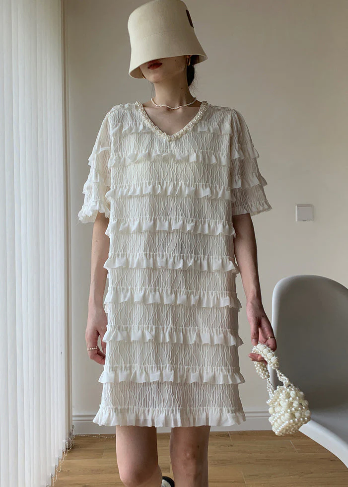 French Apricot Ruffled Nail Bead Patchwork Tulle Dresses Summer - Image 3