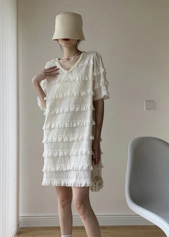 French Apricot Ruffled Nail Bead Patchwork Tulle Dresses Summer - Image 4
