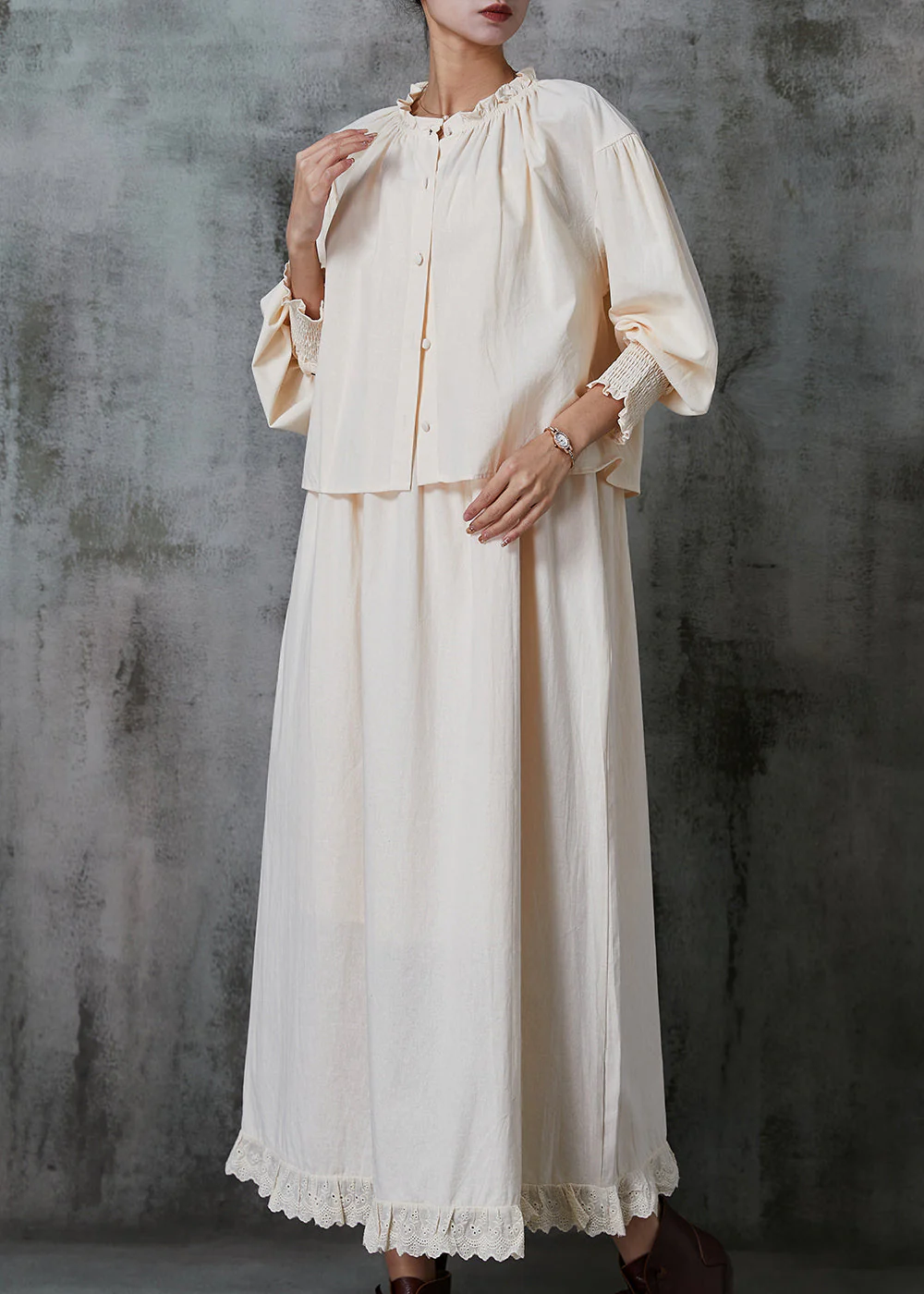 French Apricot Ruffled Patchwork Cotton Dress Two Piece Set Spring - Image 2