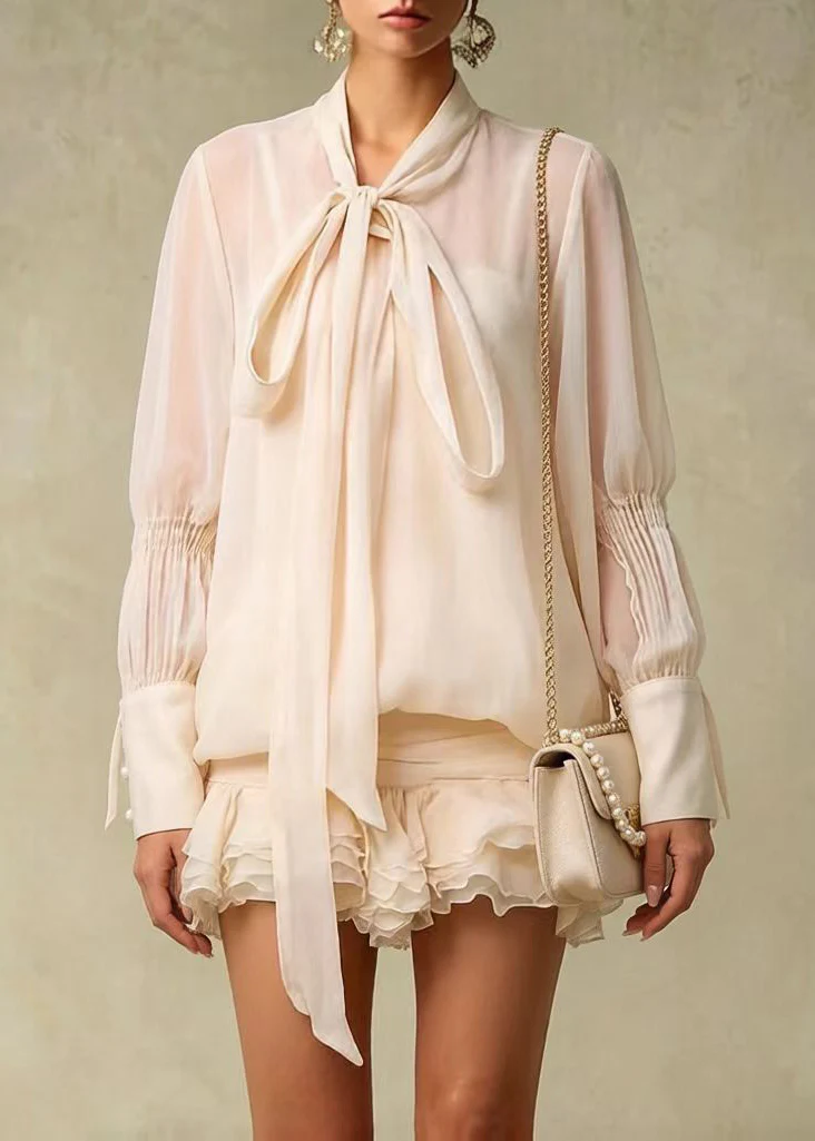 French Apricot Ruffled Wrinkled Chiffon Work Dress Spring - Image 3