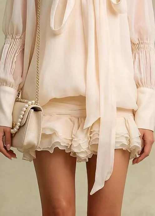 French Apricot Ruffled Wrinkled Chiffon Work Dress Spring - Image 4