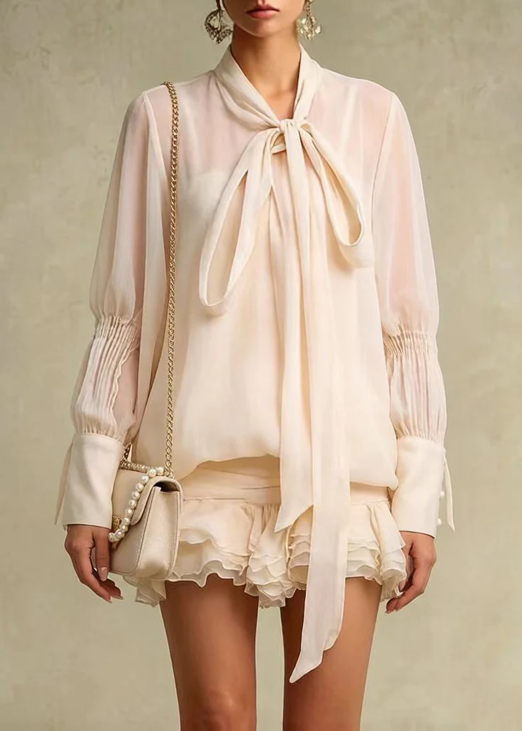 French Apricot Ruffled Wrinkled Chiffon Work Dress Spring - Image 5