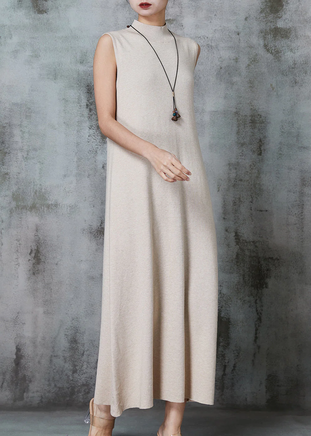 French Apricot Silm Fit Knit Holiday Dress Sleeveless - Image 3
