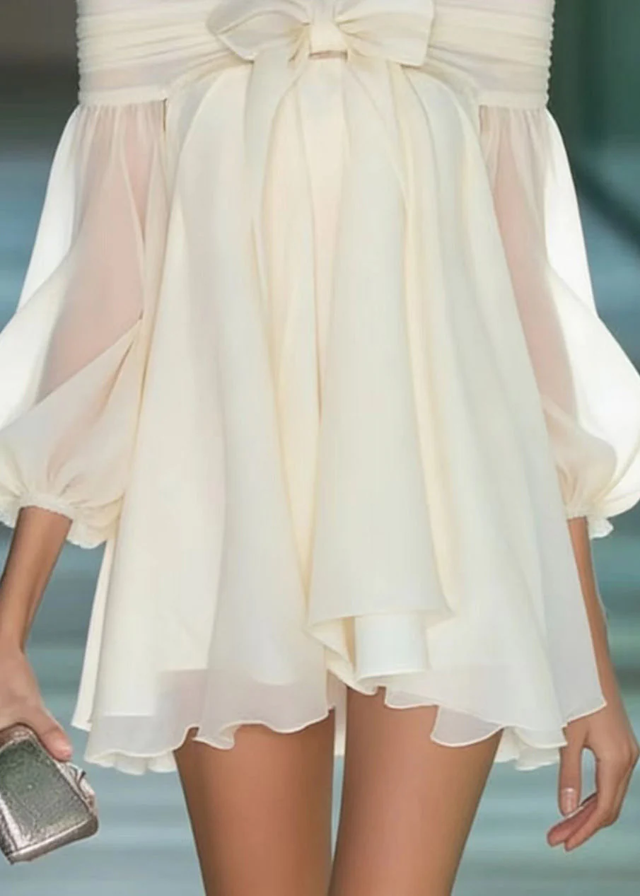 French Apricot Slash Neck Bow Chiffon Mini Dresses Summer - Image 4