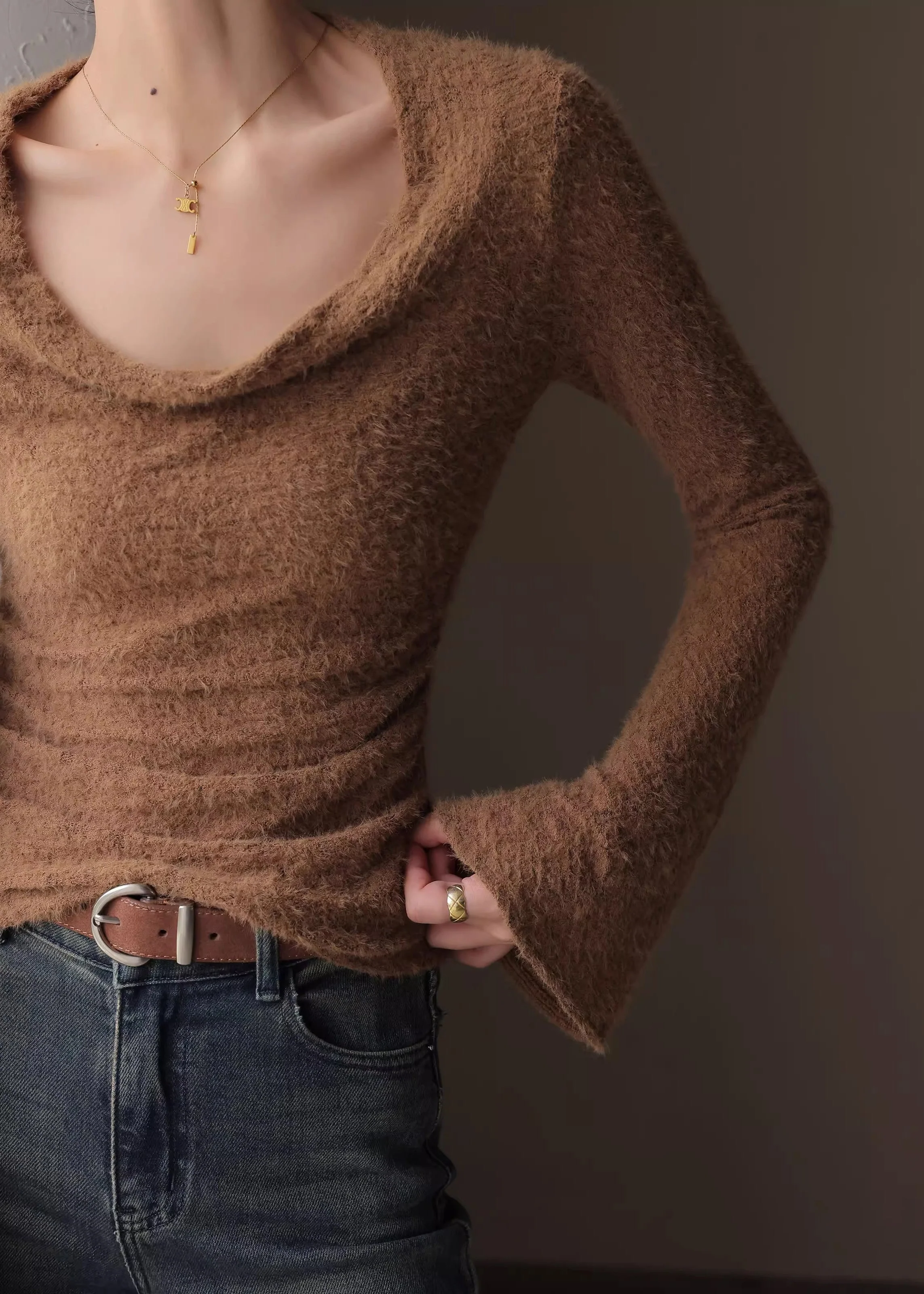 French Apricot Slim Fit Knit Top Flare Sleeve - Image 2
