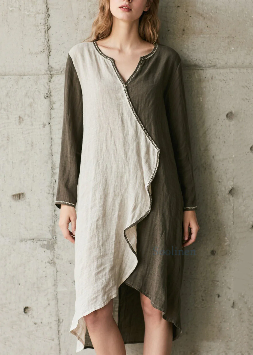 French Army Green Asymmetrical Patchwork Cotton Dress Spring