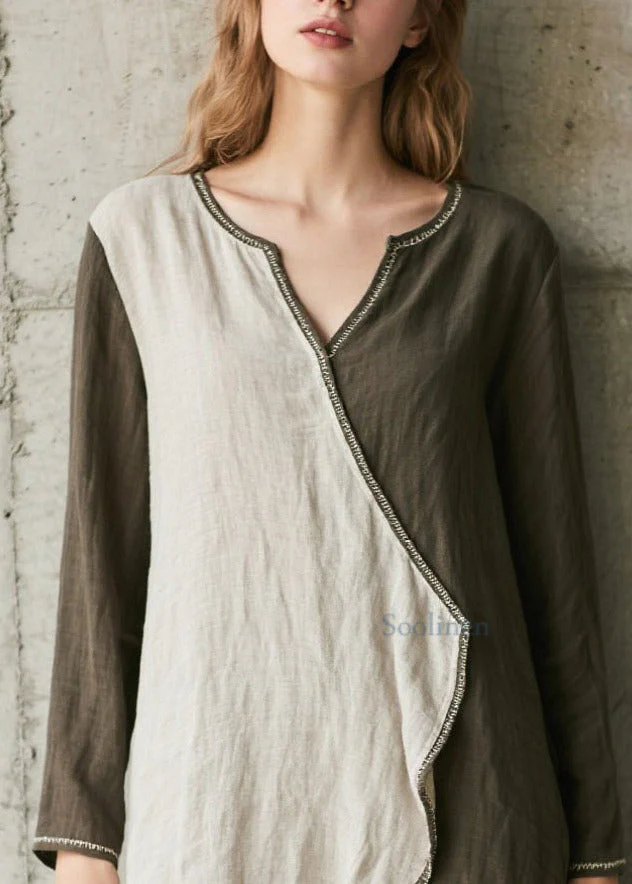 French Army Green Asymmetrical Patchwork Cotton Dress Spring - Image 2