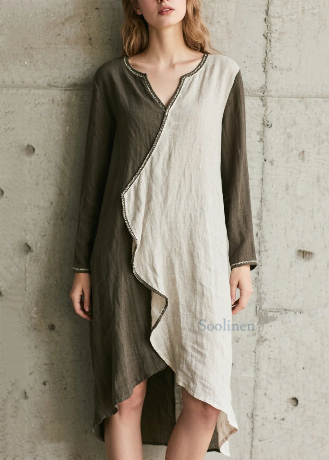 French Army Green Asymmetrical Patchwork Cotton Dress Spring - Image 3