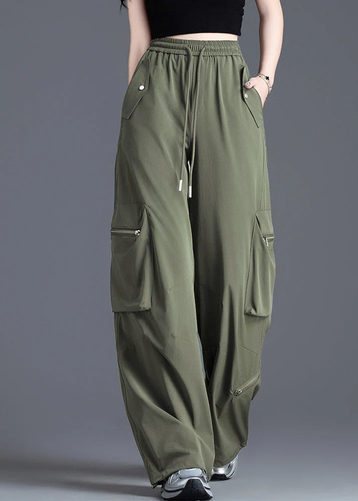 French Army Green Elastic Waist Pockets Nylon Pants Spring - Image 3