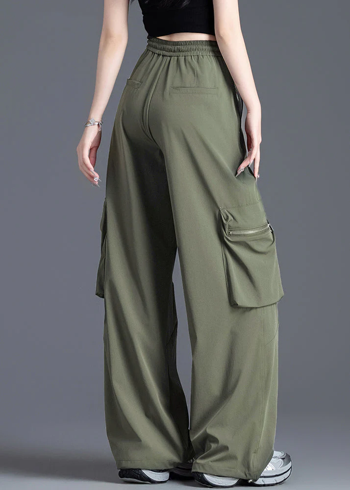 French Army Green Elastic Waist Pockets Nylon Pants Spring - Image 4