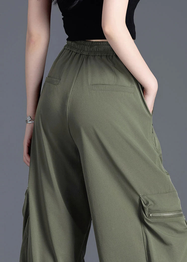 French Army Green Elastic Waist Pockets Nylon Pants Spring - Image 5
